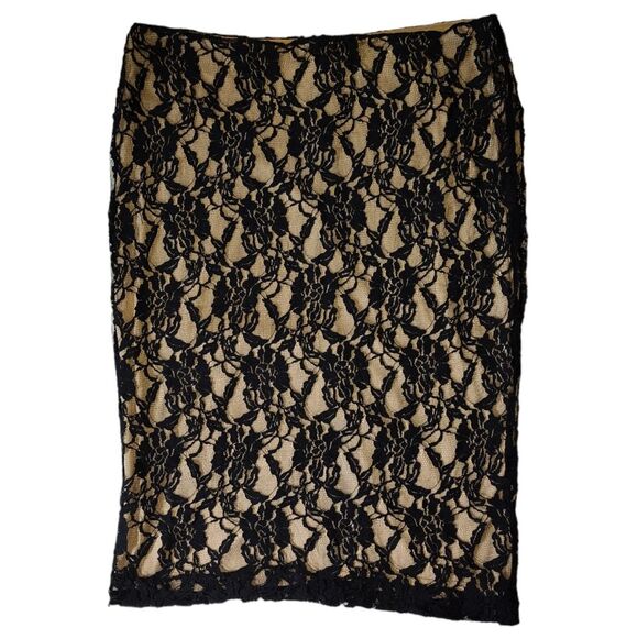 NEWPORT NEWS PENCIL SKIRT SIZE 14 NUDE  BLACK FLORAL LACE BODYCON KNEE LENGTH - Picture 1 of 8